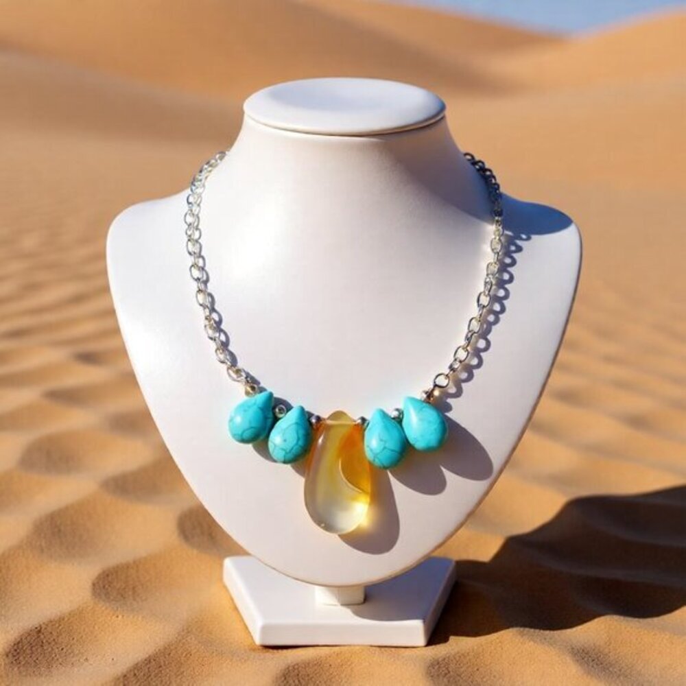 Aqua Howlite & Agate Bar Teardrop Necklace • Boho Beachy Spring Sunshine Vibes